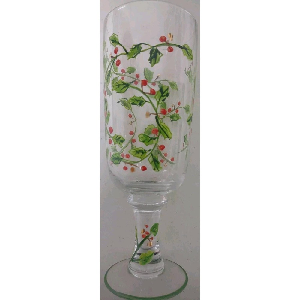 Block Holiday Glasses set of 3 20 oz hand painted Holly Berry Footed Christmas - Picture 3 of 4